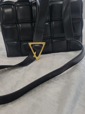 Black Quilted Crossbody Bag with Gold Triangle Buckle